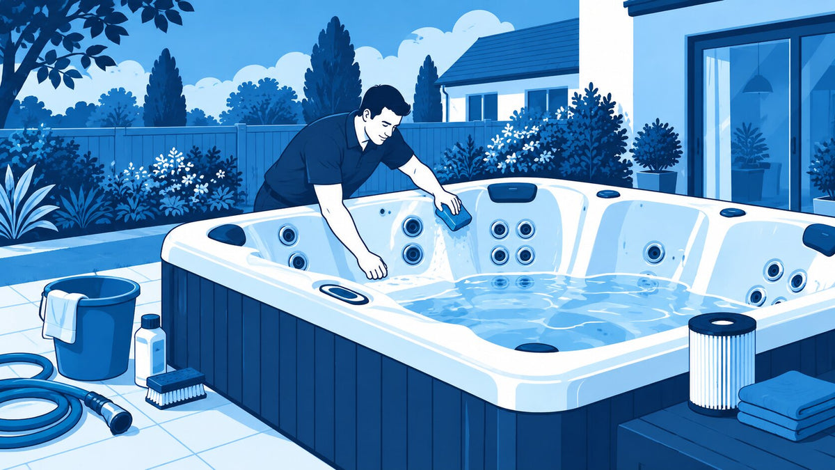 Graphic of a man cleaning a hot tub
