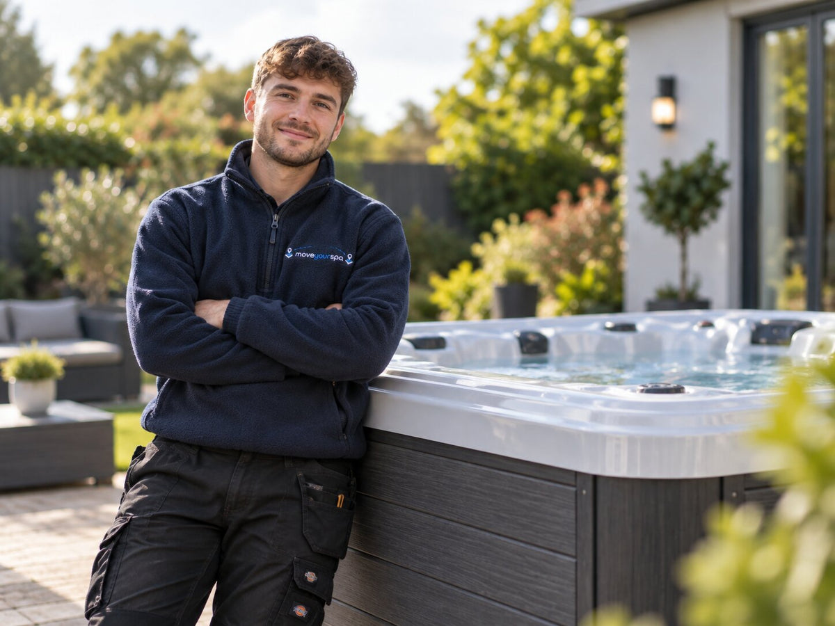 Hot tub service engineer leaning on a hot tub and smiling