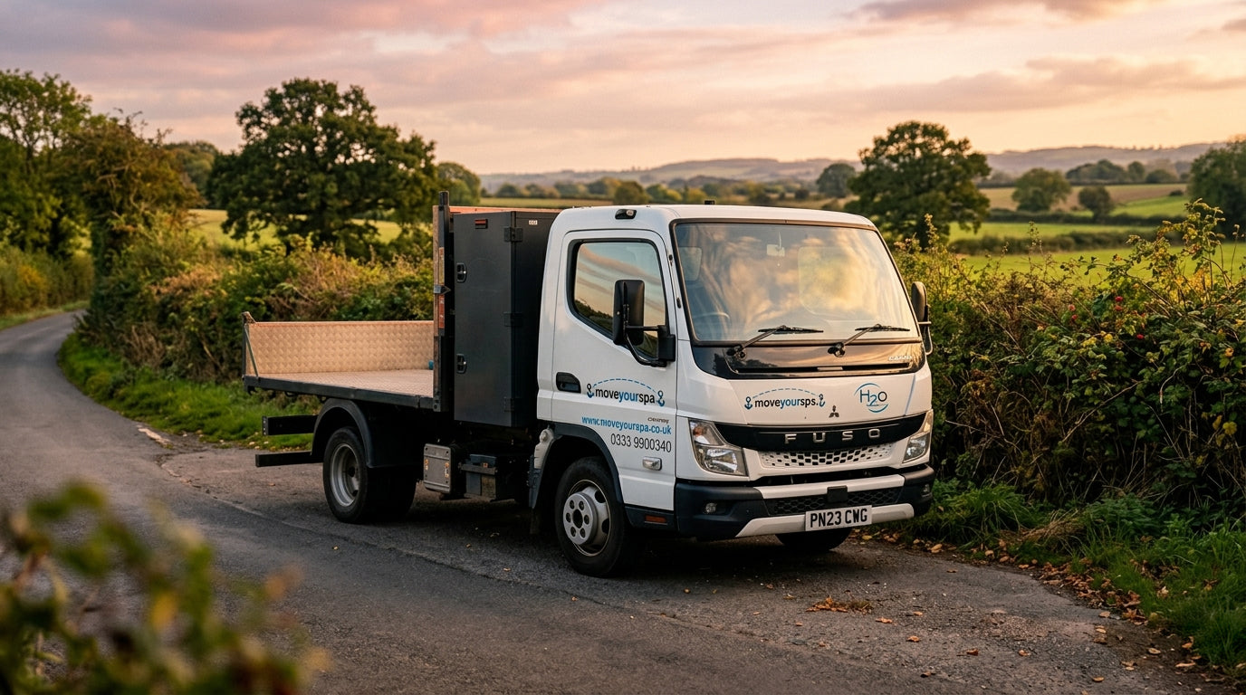 White Move Your Spa truck on a rural road at sunset