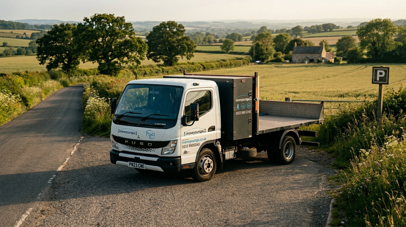 White truck on a rural road with green fields and trees in the background