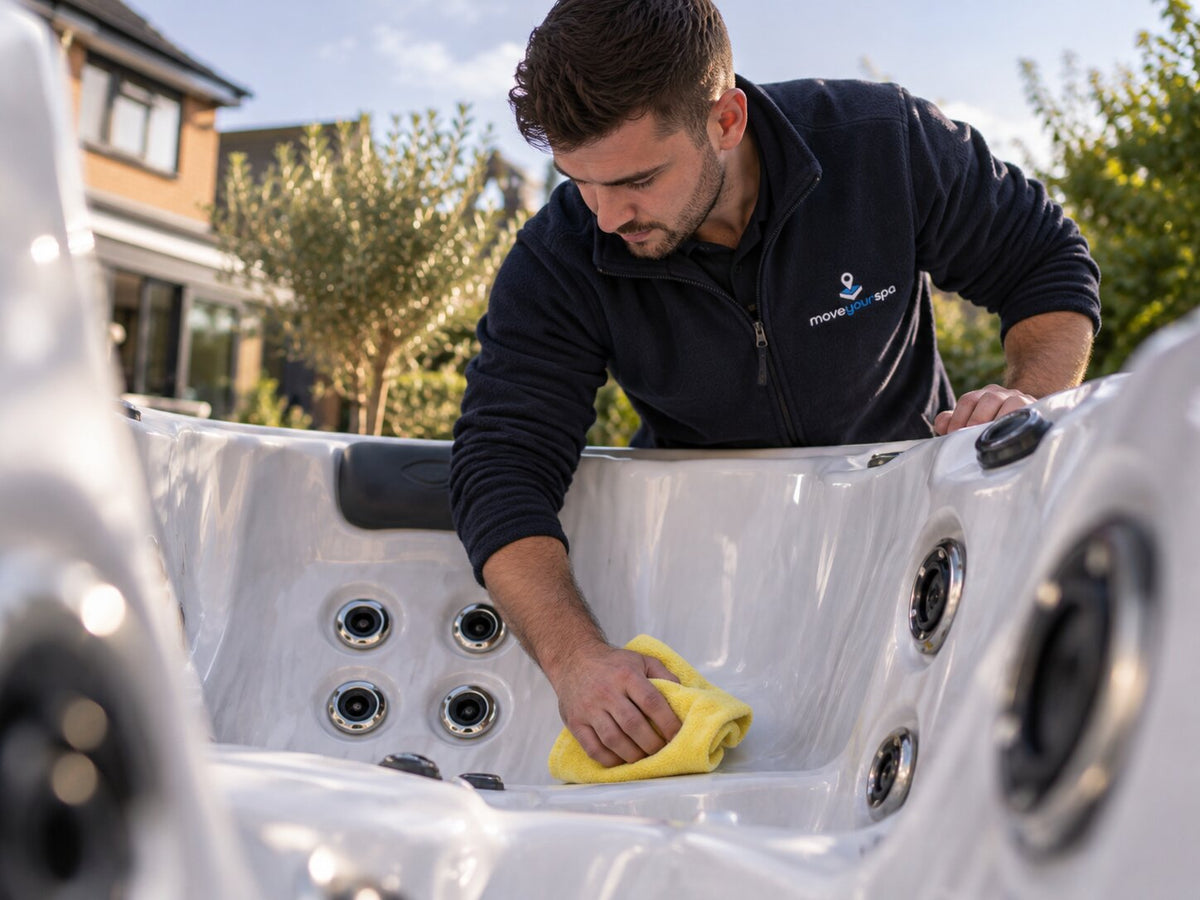 Man professionally cleaning the inside of a hot tub after a service