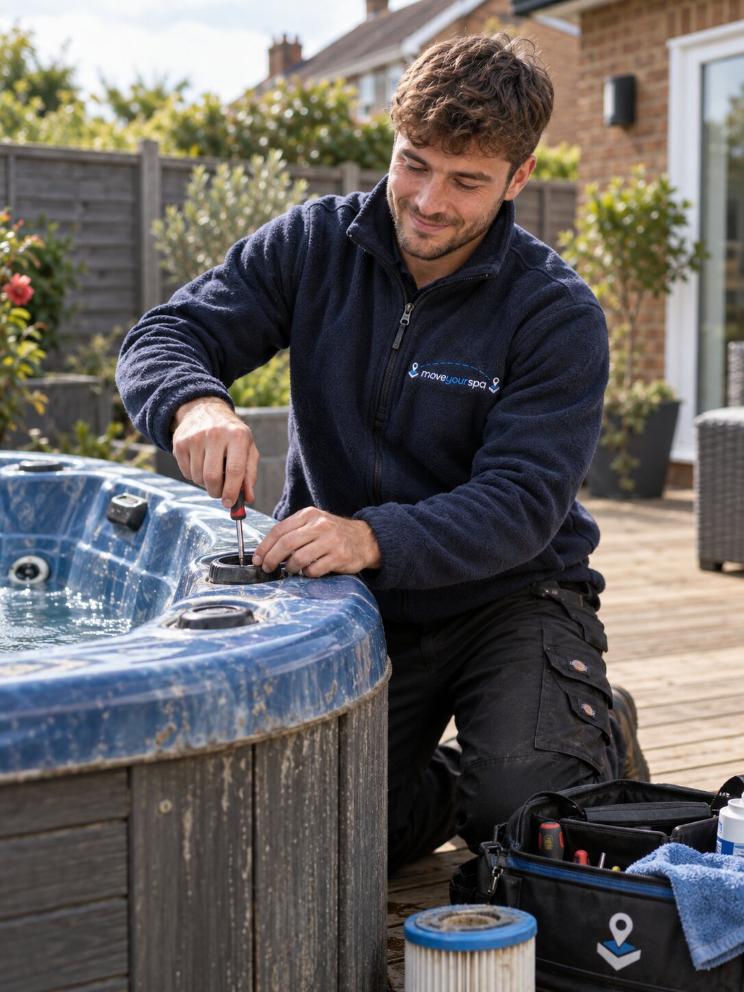 Hot tub service engineer working on a hot tub