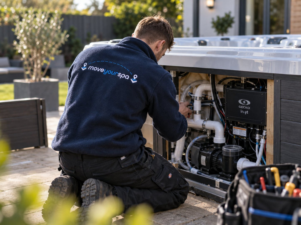 Engineer professionally servicing a hot tub