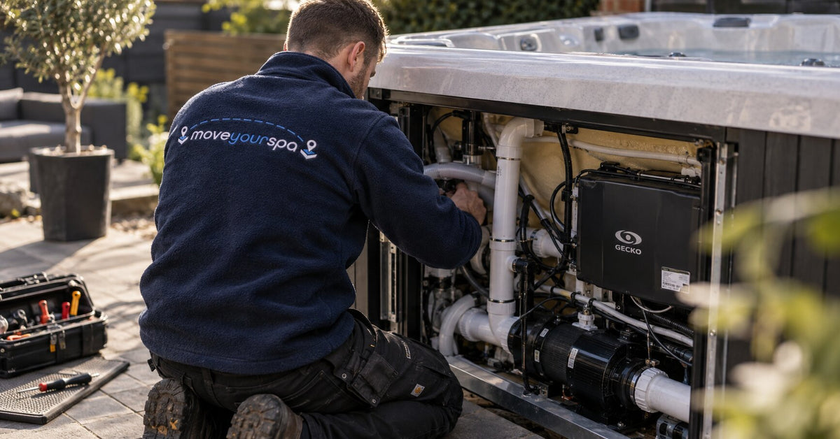 Engineer servicing a hot tub with Move Your Spa branded fleece